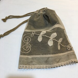 Handmade 3D Reticule Purse. Applique on Net w/ Tape Lace Trim. Repurposed Antique Drapes to Purse. Brown Faux Silk Lining. Drawstring Bag.