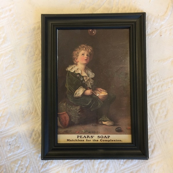 Antique Print of Pears' Soap. Little Boy Making Bubbles With a Pipe. Black Plastic Table Top Frame.