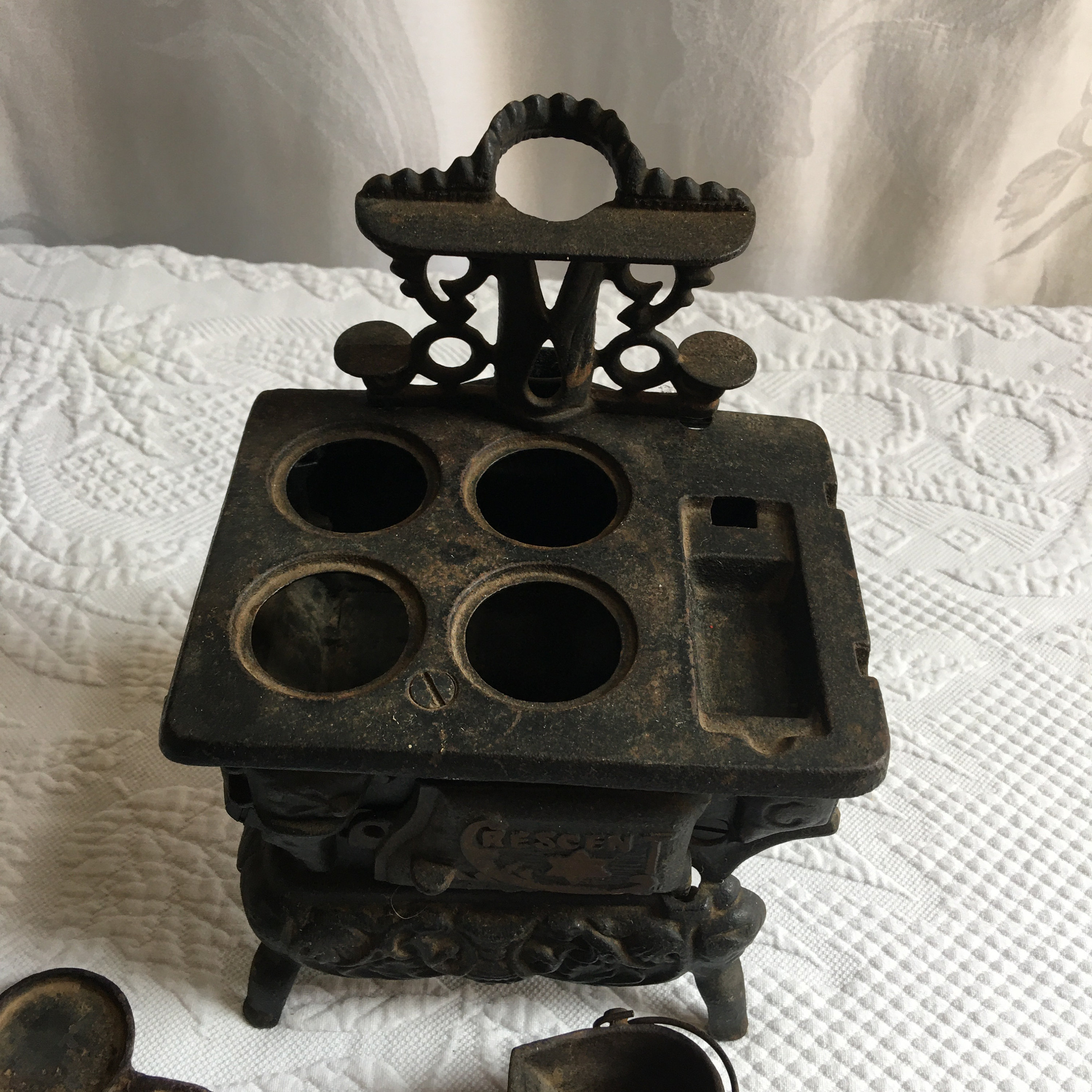 Vintage Miniature Cast Iron Stove W/ Coal Bucket, 2 Frying Pans