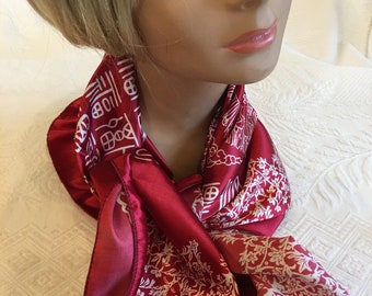 Vintage Chinese Influence Red and White Scarf. Satiny Feel Polyester Red and White Striking Scarf. Square Scarf.