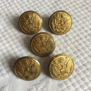 Vintage 5 Large Gold U. S. Military Eagle Buttons. Rex Products Corp., New Rochelle, NY. Uniform 1 3/16&quot; Buttons.