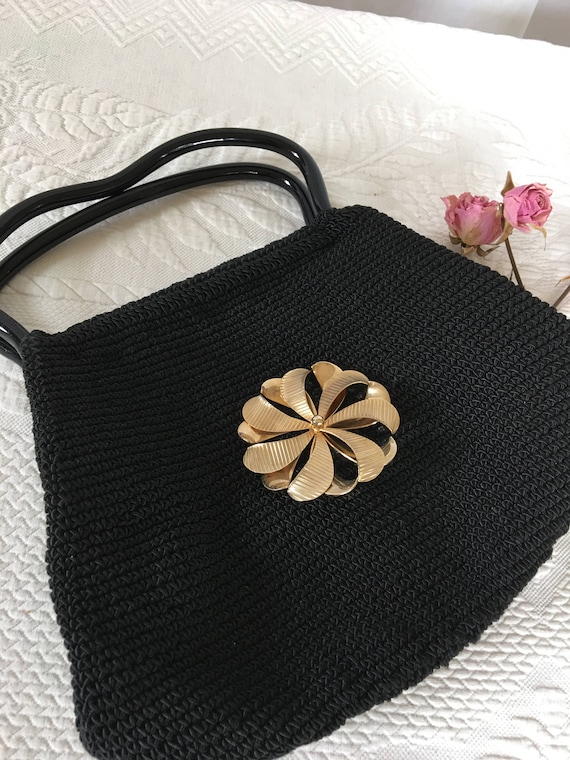Handmade Purse With Pin Ornament. Black Crocheted… - image 1