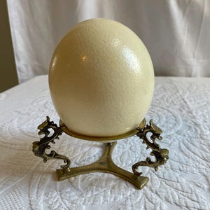 Vintage Natural Ostrich Egg w/ Brass Fancy Stand Made in Korea. 4 3/4&quot; X 6&quot; Unfinished w/ Insides Blown Out and Dried. Hole in Only One End.