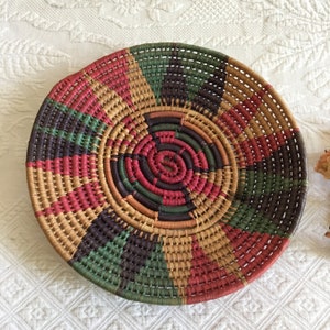 Vintage Indian Colorful Basket. Butterfly Designed Center. Triangular Edge Designs. Hot Pink, Green, Black and Natural. Good Display Basket.