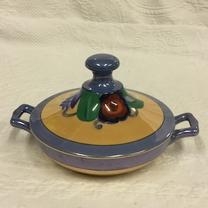 Vintage Iridescent Lidded Serving Bowl with Side Handles and Knob on Lid. Bright Blue and Gold Iridescent Colors. Japan.