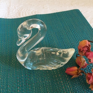 Vintage Clear Glass Swan Figurine. Wing Deep Etched Markings on the Sides. Great for the Dresser or Miniature Display Shelf..