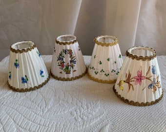 Vintage Small Lampshade with Gold Metallic Trim and Painted Designs on Pleated Fabric. Ring Inside to Hang on Narrow Lamp Bulb.