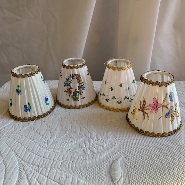 Vintage Small Lampshade with Gold Metallic Trim and Painted Designs on Pleated Fabric. Ring Inside to Hang on Narrow Lamp Bulb.