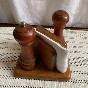 Vintage Good Wood Napkin Holder with Salt Shaker and Pepper Grinder Table Display. Dining Accessories. Made in Taiwan. Wooden Holder.