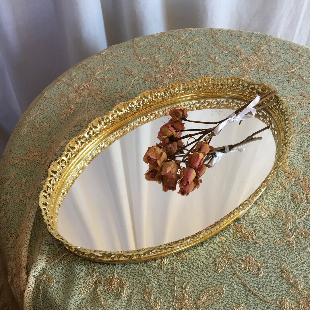 Vintage Oval Gold Mirror Dresser Tray. Openwork Edge Shiny Etsy
