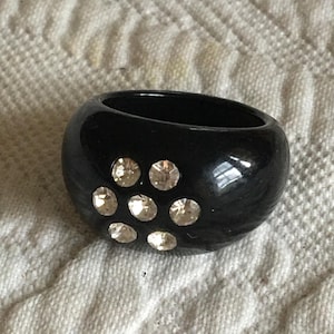Vintage Lucite Ring with Rhinestone Circle on Top. Size   Ring, Black Lucite with Clear Rhinestones. Costume Puff Look Ring.