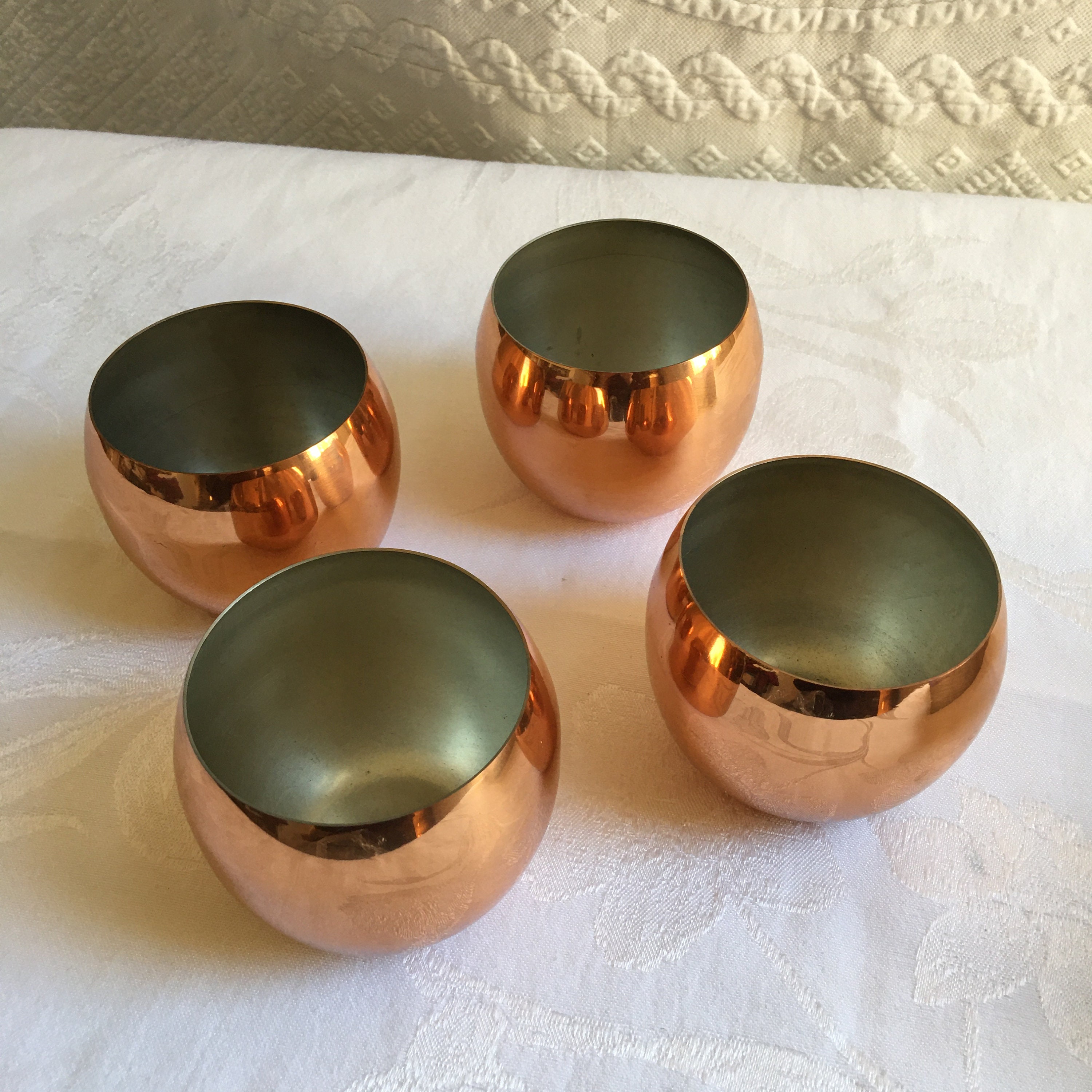 Vintage Coppercraft Guild 4 Copper Handle Less Mugs. Taunton, Mass