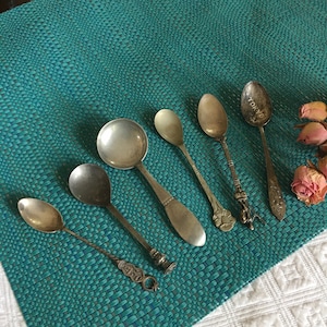 Vintage 6 Spoon Collection, Greece, Tokyo, 1972 Narcis, WR.SP, Middle East and Max RIEG Pewter Williamsburg Maker 1940s. All 6 for Price.