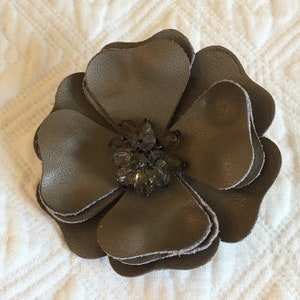 Vintage Gray Leather/Vinyl and Beaded Flower Pin Brooch. Attach to a Jacket, Coat or Hat. Faceted Beads in Center.