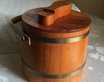 Vintage Firkin Shoeshine Box. Foot Form on Top of Lid. Metal Brass Rings, Wooden Swing Handle. Charming Firkin for Country Decor.