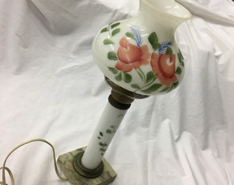 Antique Victorian Lamp with Hand Painted White Glass Hurricane Style Shade and Pillar. Brass Fittings and Gray Marble Base. Electric Lamp.