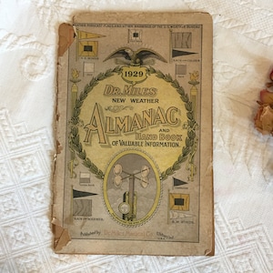 Antiker 1929 Dr. Miles Almanac Neuer Wetteralmanach und Handbuch wertvoller Informationen. 34 Seiten mit Forecasts und Ads, dieser Tag in der Geschichte.