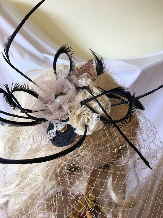 Fascinator Hat, off White Net and Lace Flowers and Leaves  display picture 3