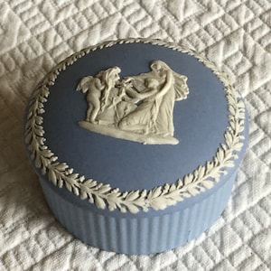 Vintage Wedgwood Blue & White Dresser Jar. Display and Use for a Trinket or Jewelry Holder on Dresser. Dimensional Molded Detailing.