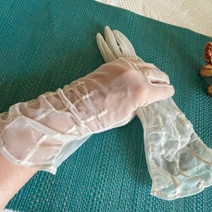 Vintage Sheer Dress Gloves with Decorative Stitching and Gathers on Back of Wrist. Over the Wrist Gloves. Wear for Costuming or a Wedding.