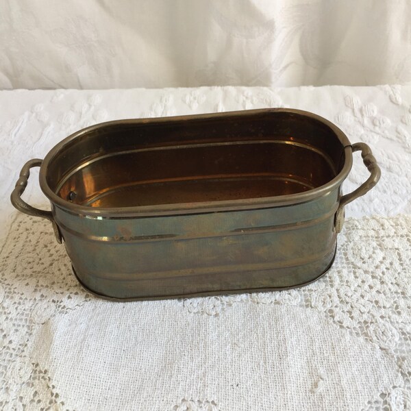 Vintage Solid Brass Oblong Planter Pot with End Handles and Ridged Designs Around Top and Bottom. Made in India.