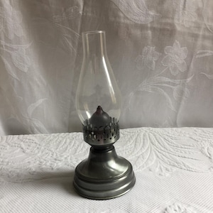Vintage Oil Lamp in Silver Tone Brushed Chrome or Pewter and Glass Hurricane Shade. Green Flocked Base.