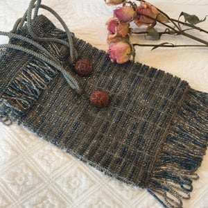 Vintage Blue Clear Beads on Woven Grey Base. Blue and Clear Bead Fringe on Bottom and Around Top Edge. Grey Cord in Rings for Drawstring.
