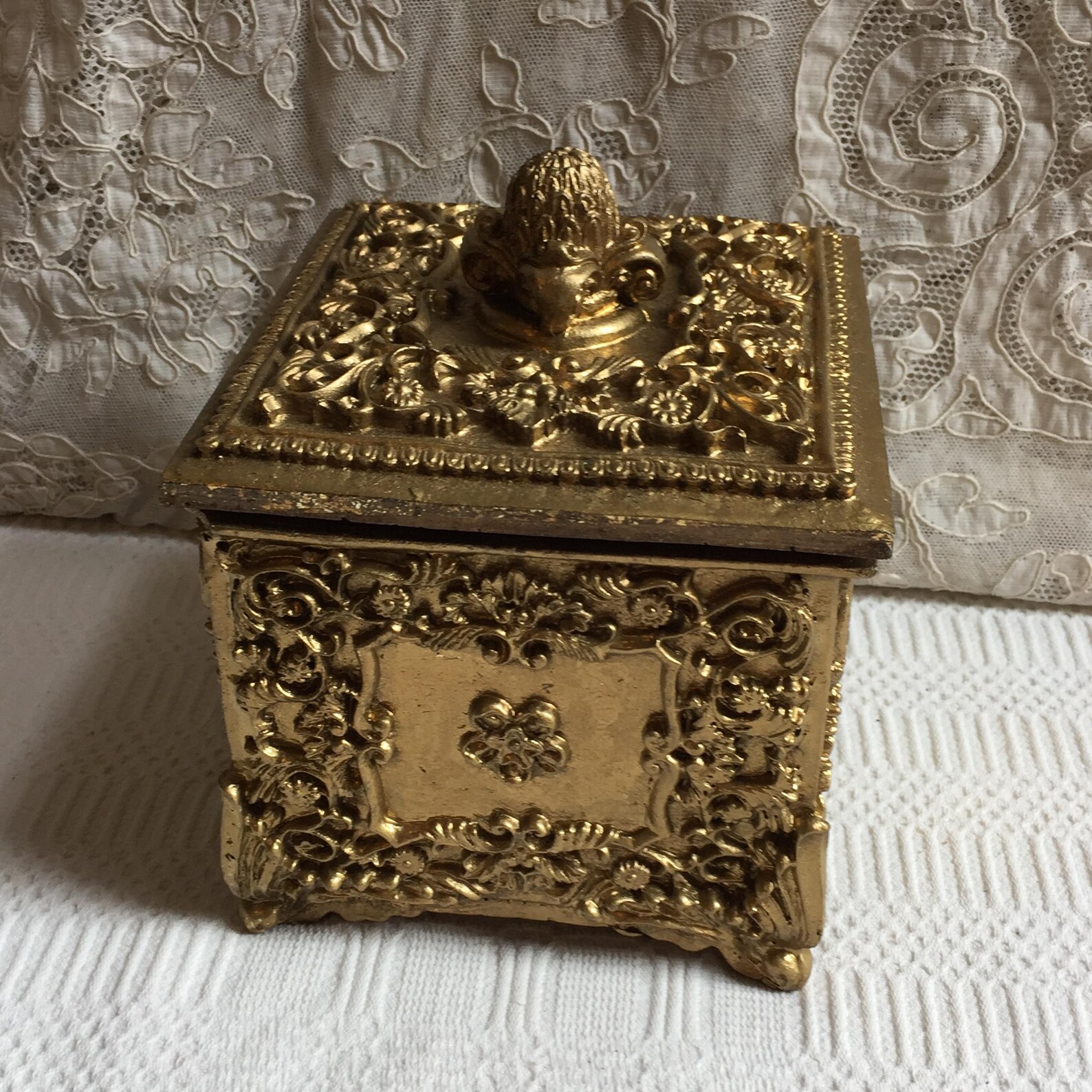 Vintage Gold Molded Composite Box With Legs on Bottom. Fancy Molded ...