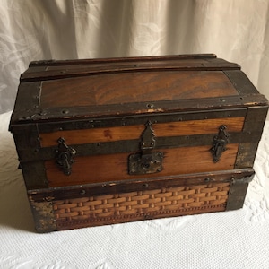 Antique Doll Sized Wood and Metal Trunk w/ Interior Decoration and Lining and Storage Shelf Just Like the Large Size. Decorative Wood Sides.