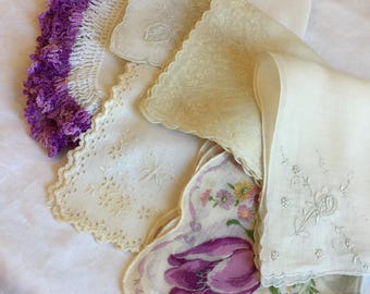 Vintage 6 Purple and White Hankies in Linen and Cotton. Sheer w/ Southern Belle Images, Embroidery, Eyelets, Crocheted Edge and all Over.