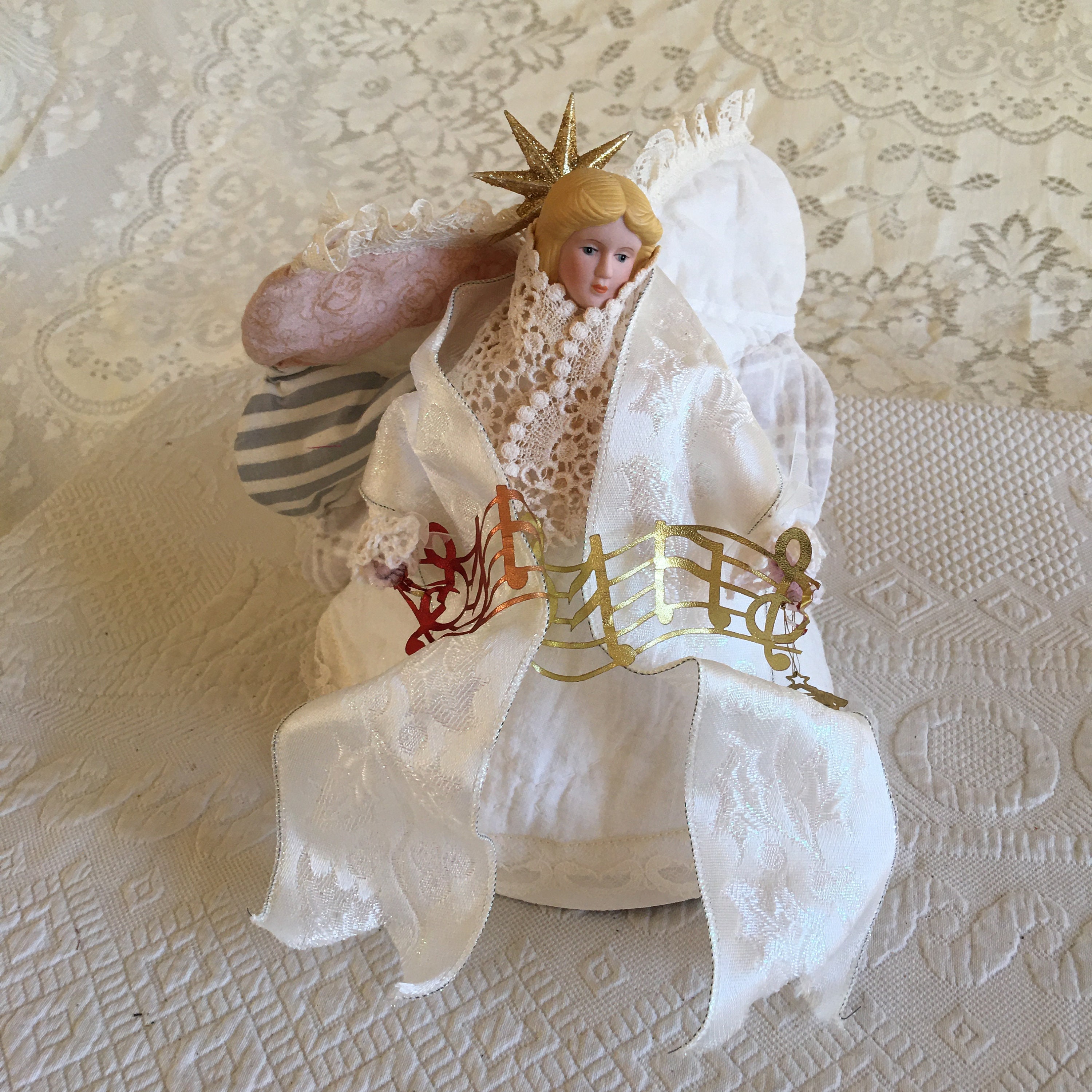 Tree Top Angel. Hand Made Quilted Skirt and Wings With Lace