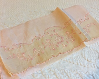 Vintage Lingerie Bag Pink Cotton with Embroidery and Shadow Applique Decoration. Envelope Pocket with Decorative Flap w/ Sheer Cotton.