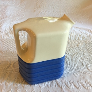 Vintage Universal Potteries Inc. Water Jug. National Brotherhood Operative, Made in USA. Collectible Pitcher. Blue and White Pottery Jug.