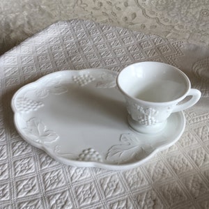 Vintage Milk Glass Snack Tray and Cups. Harvest Grape Custers by Colony. Embossed Grape Designs. Listing is for Multiple Sets. Luncheon Set.