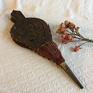 Vintage Carved Wood Leather Bellows. Rustic Swirling Designs, Words: Wind Feeds Fire Words Ire, Around Edge. Charming Display Piece.