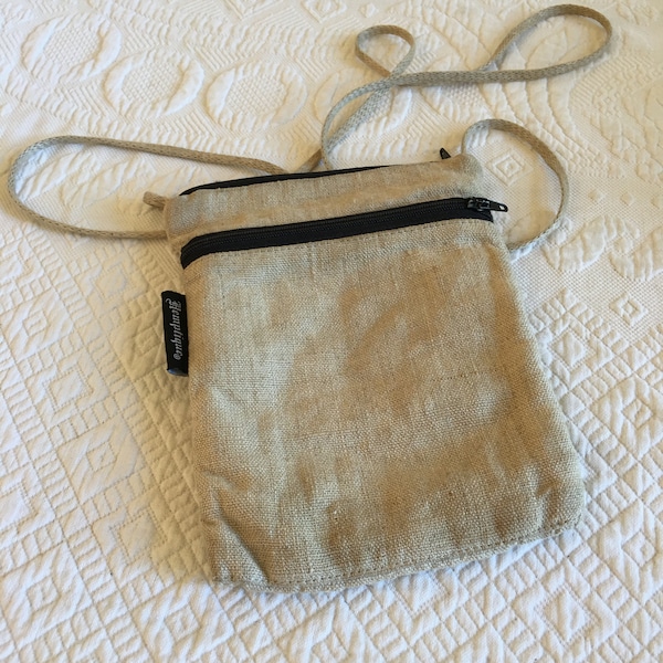 Vintage Hemptique Double Zipper Shoulder Bag with Lining. 100% Hemp, Made in Romania. Woven Shoulder Strap.