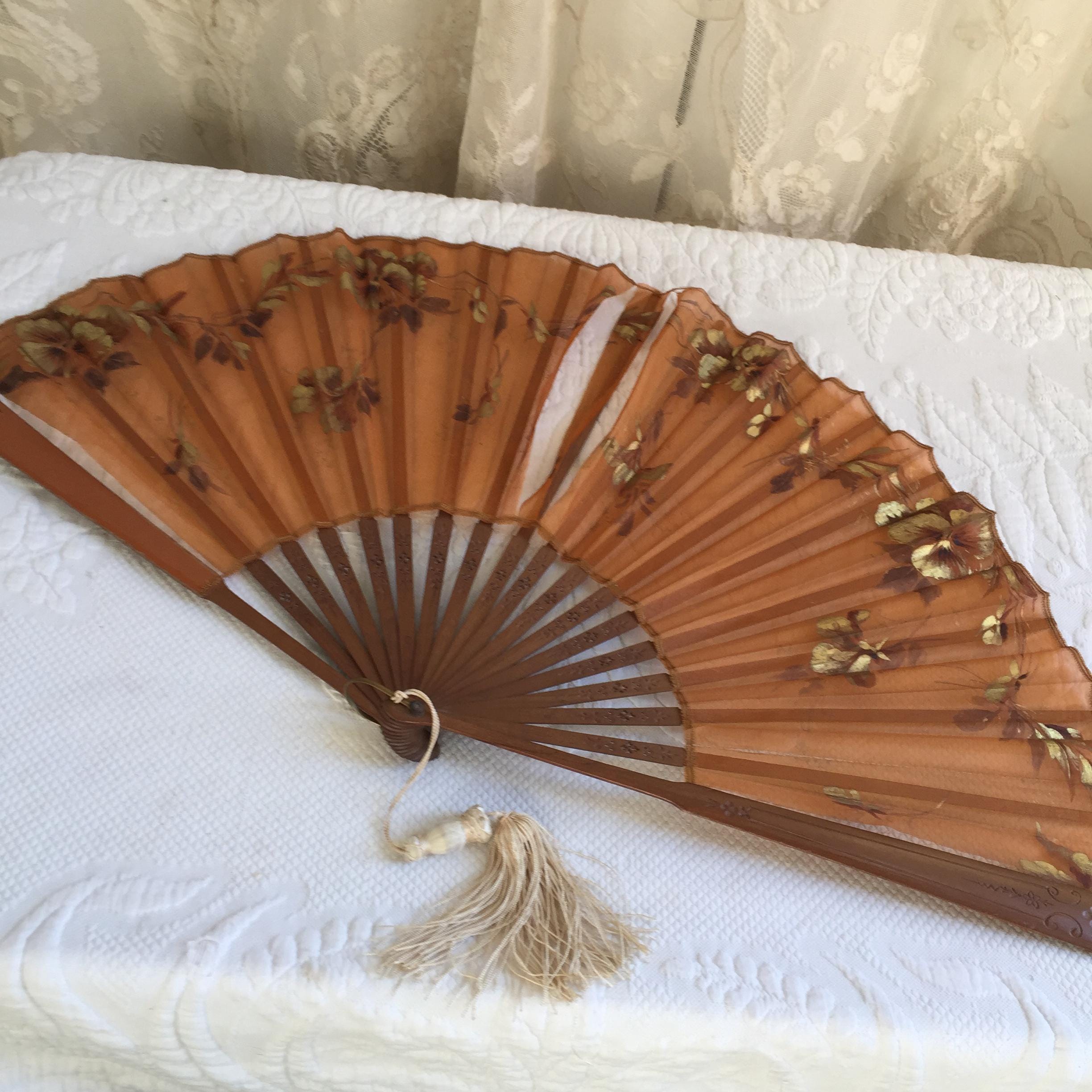 Antique Wood and Silk Hand Painted Fan. Bronze, Brown and Gold