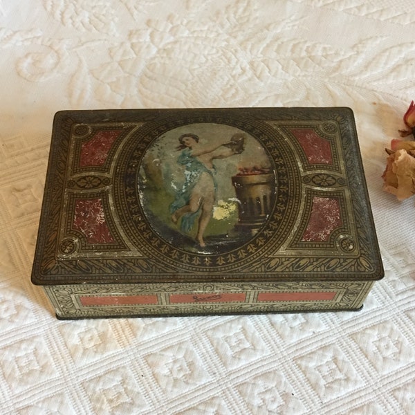 Vintage Luxor Fancy Decorated Tin. Well Made Hinged Tin. Dancing Lady Nymph. Use as a Dresser Box for Trinkets, Jewelry Etc.