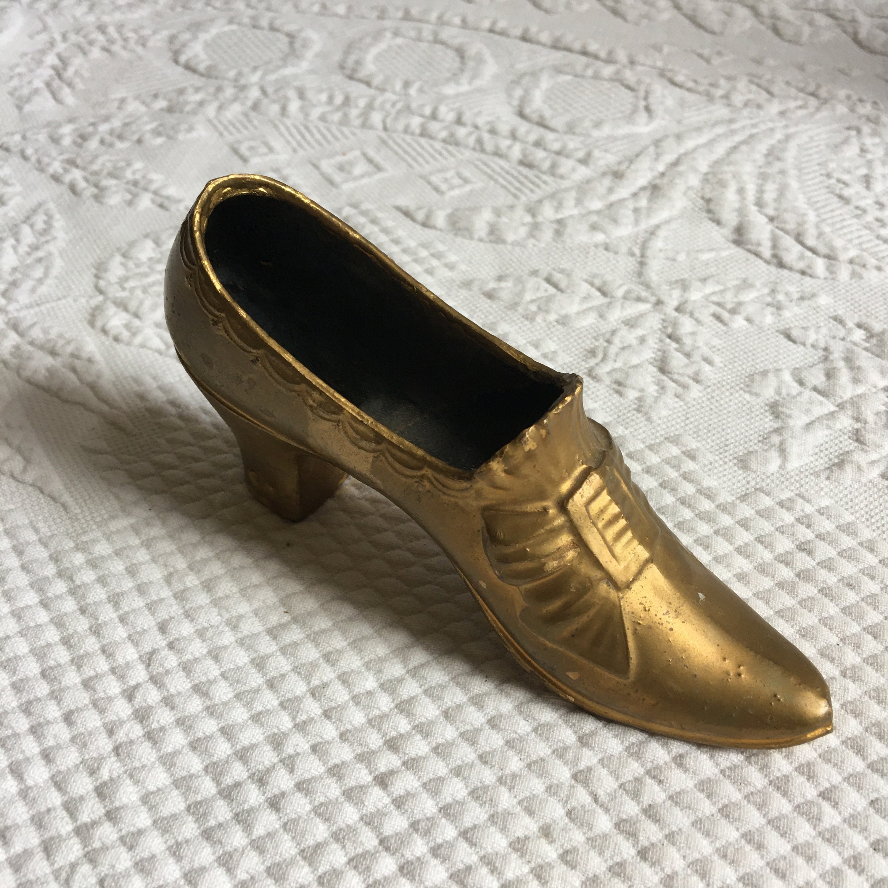 Antique Victorian Gold Shoe for Use and Display. Metal Shoe With Embossed Bow Front Decoration and High Heel. Fancy Border and Ruffle. Etsy
