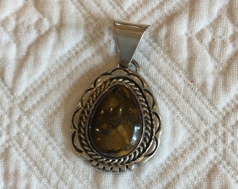 Vintage Sterling Silver Tiger Eye Pendant for Necklace. Teardrop Shape with Two Decorative Borders.
