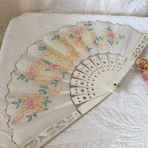 Vintage Openwork Wood Ribs and Guards Fan. Plastic