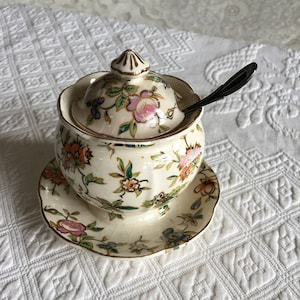 Vintage Ceramic Mustard Pot from Japan. Signed MM. Pot Attached to Drip Plate and Lid. Silver Plate Scalloped Spoon Made in Brazil,