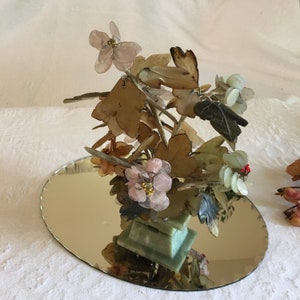 Vintage Chinese Gem Stone Bonsai Tree. Carved Jade and Rose Quartz Leaves and Petals in Jade Rectangular Pot. The Dark Leaves Add Interest.