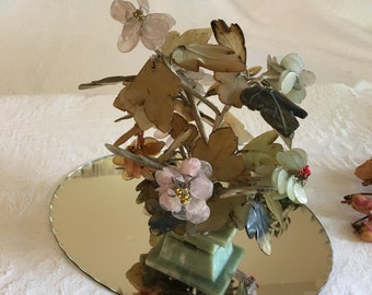 Vintage Chinese Gem Stone Bonsai Tree. Carved Jade and Rose Quartz Leaves and Petals in Jade Rectangular Pot. The Dark Leaves Add Interest.