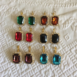 Handmade Pierced Earrings. Rectangular Set Stone Inside a Ring of Rhinestones in Gold Setting. Locking Wires. Historic Reproduction. New.