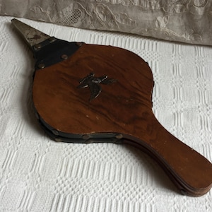 Vintage Wood Bellows, Black Leather Look Vinyl with Hobnails and a Brass Tip with Brass Eagle Ornament. Charming Display Piece.