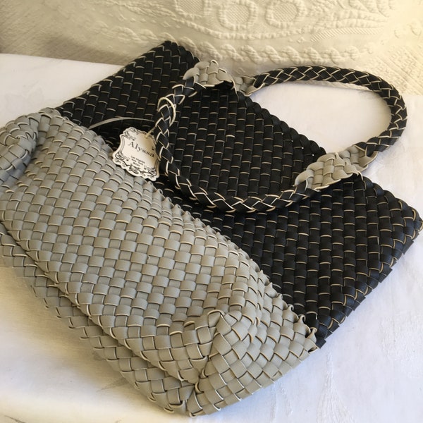 Alyssa Woven Faux Leather Handbag. Black and Light Gray Woven Large Bag. Great for Carrying Work Supplies or Carry as Purse.