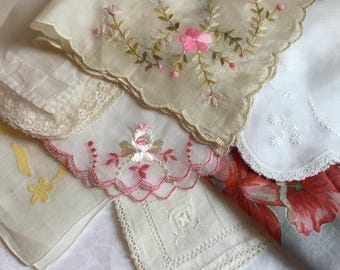 Vintage 7 Purple, Green and White Hankies in Linen and Sheer. Battenberg Lace, Embroidery, Pulled Thread, Overall Floral and Flocked.