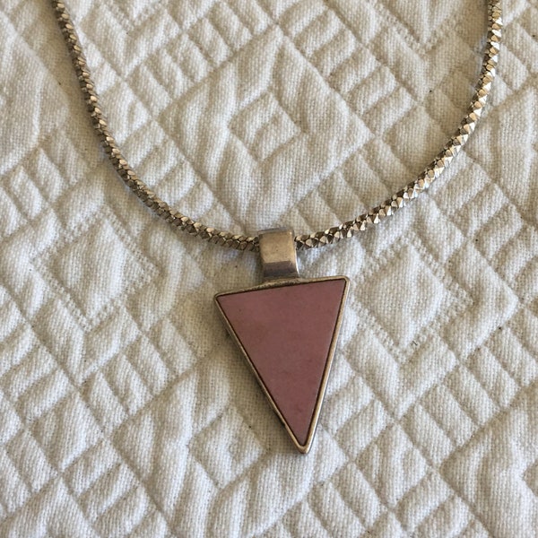 Vintage Sterling 925 FAS Rhodonite Pink Natural Stone Triangle w/ Flowers on Back. Two Sided. Unique Chain from Italy.
