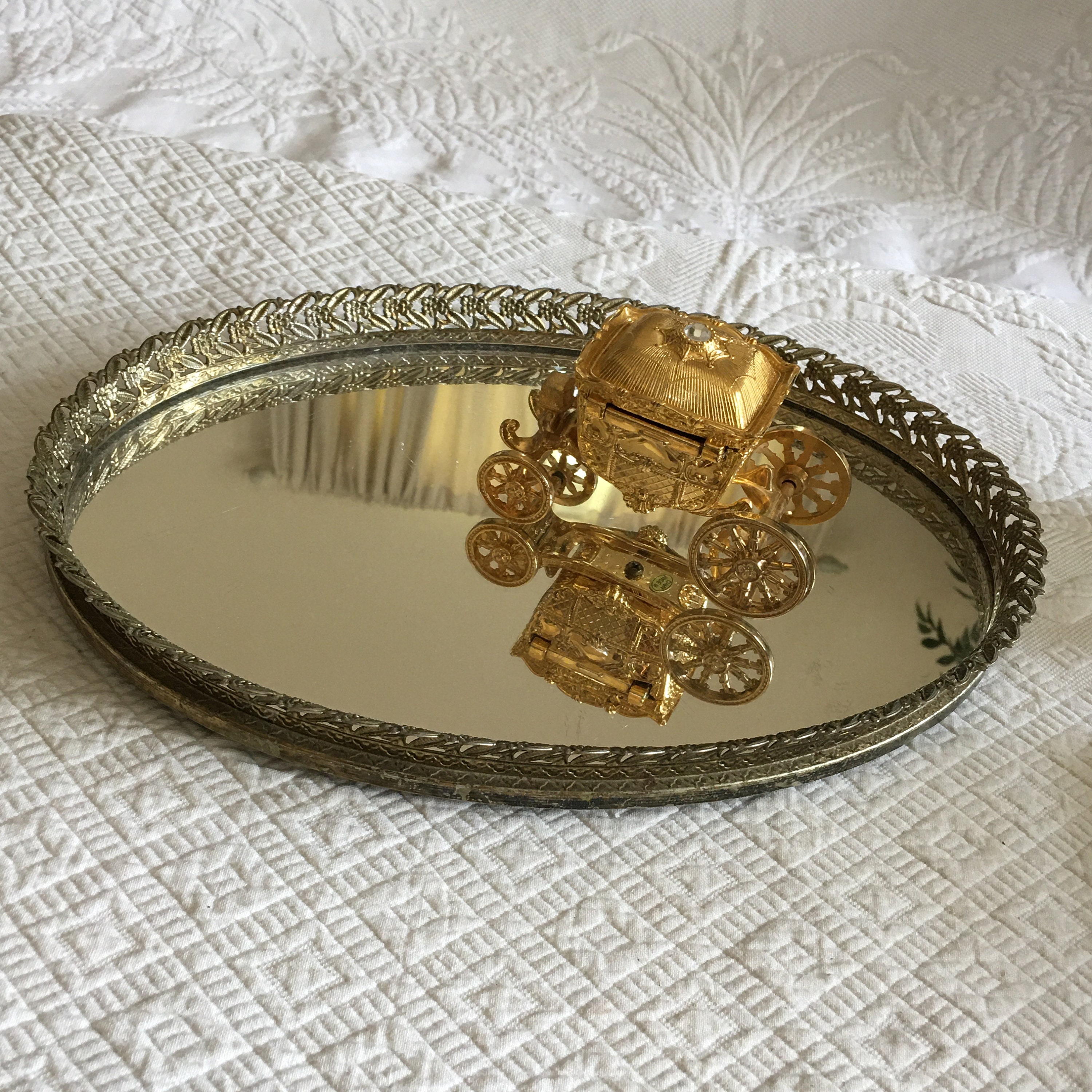 Vintage Gold Oval Mirror Tray With Openwork Flowers and Leaves Etsy